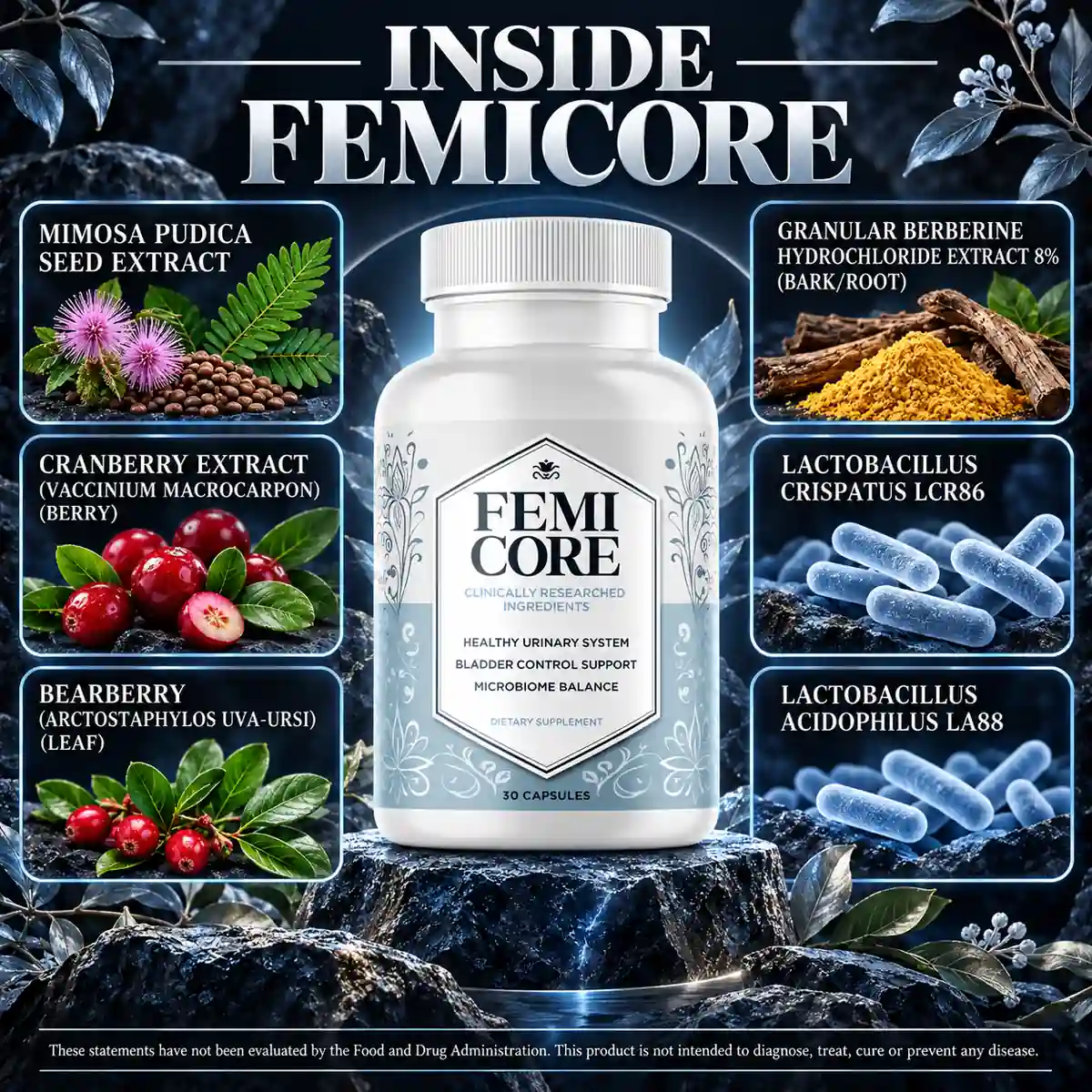 The Inside Femicore listing panel naming the botanicals and strains