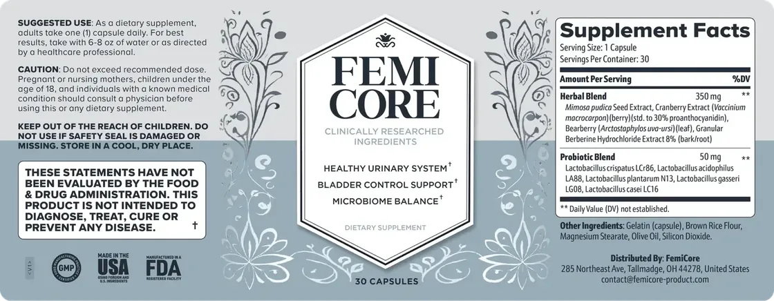 The FemiCore Supplement Facts panel photographed on the bottle