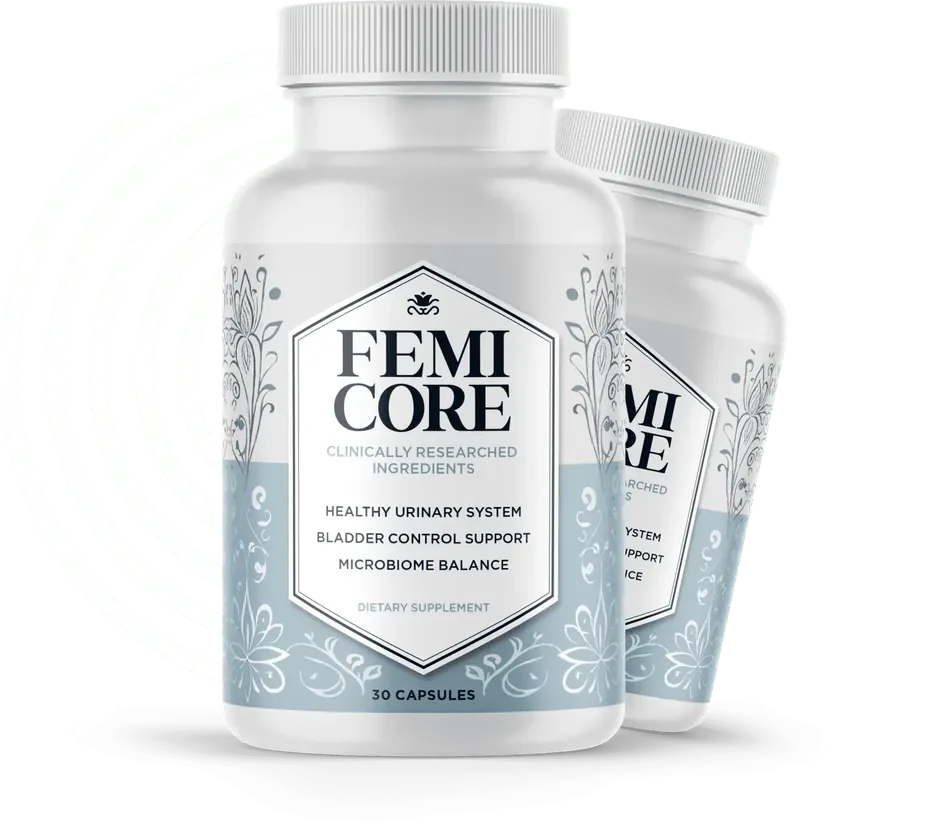 FemiCore bottle photographed with the capsules and botanical elements used in the seller's product imagery